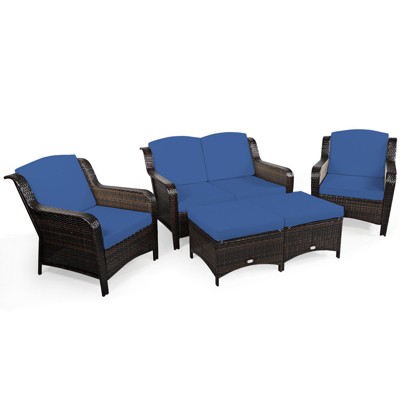 Tangkula 5 PCS Patio Rattan Sectional Sofa Set Outdoor Furniture Conversation Set Cushioned Loveseat Sofa Ottoman