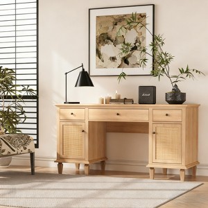 Brafabhome Computer Desk with Power Outlets, Writing Desk with 3 Drawers & 2 Storage Cabinet, Rattan Executive Desk for Bedroom Home office | Nature - 1 of 4
