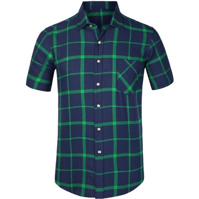 Alion Mens Casual Regular Short Sleeve Button Down Plaid Checked Shirts