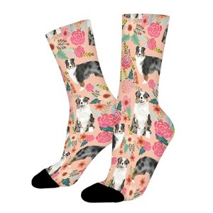Australian Shepherds Florals Women Printed Crew Socks Funny Funky Socks Soft Polyester Novelty Gifts for Artists Men - 1 of 1