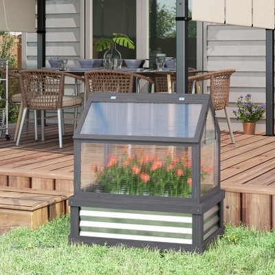 Gray Fir Wood Raised Garden Bed with Polycarbonate Greenhouse