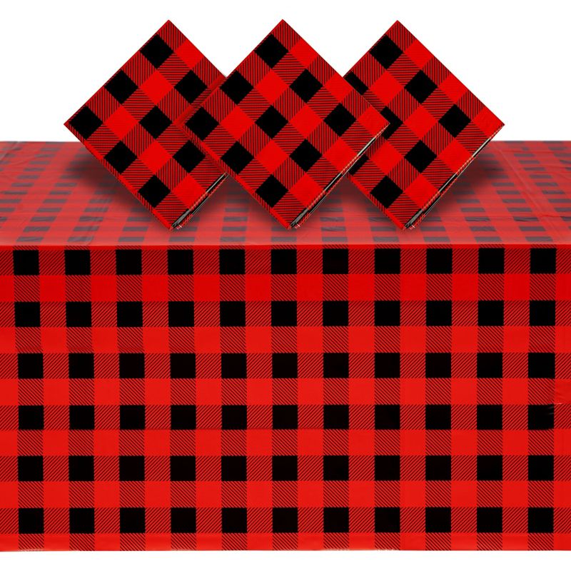 Blue Panda 3 Pack Red and Black Plastic Tablecloth for Kids Buffalo Birthday, Lumberjack Party Decorations, 54 x 108 In, 1 of 6