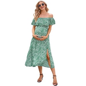 Women's ruffled one shoulder split maternity dress with non vacuum green background and small green flowers_2XL - 1 of 1