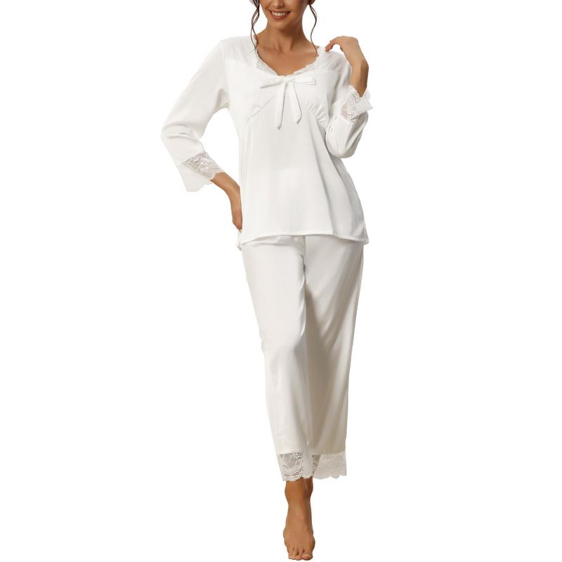 cheibear Womens Loungewear Silky Long Sleeve Top with Pants Pajamas Sets, 1 of 6