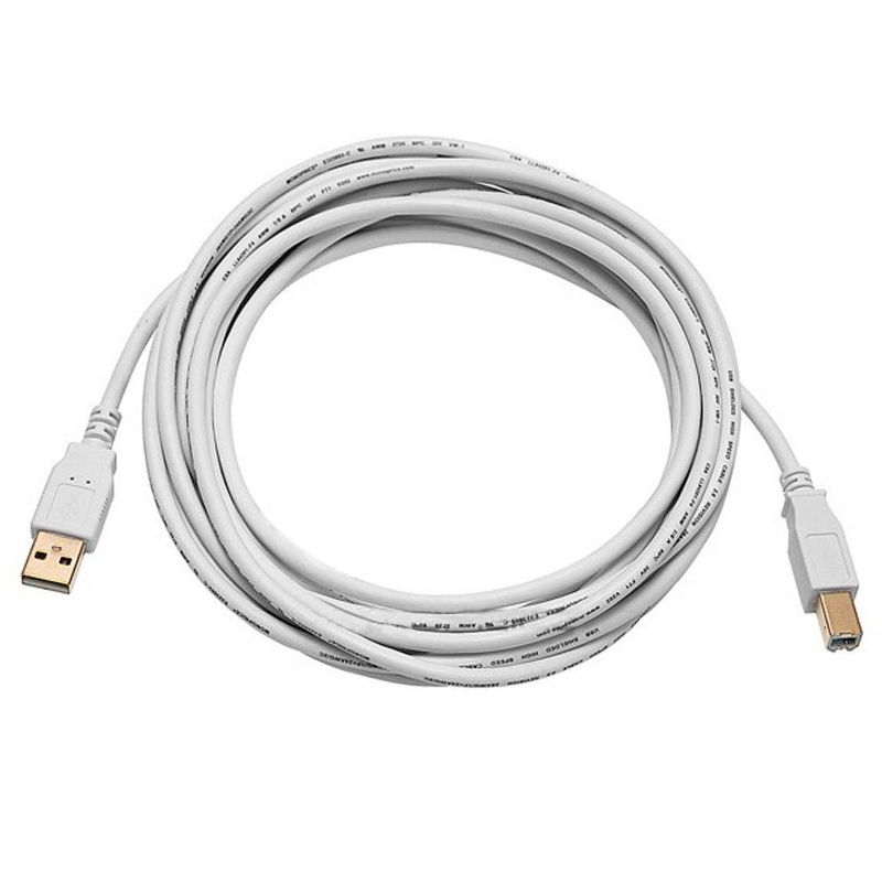 Monoprice USB 2.0 Cable - 15 Feet - White | USB Type-A Male to USB Type-B Male, 28/24AWG, Gold Plated, 1 of 4