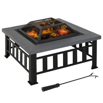 Outsunny 34" Outdoor Fire Pit Square Steel Wood Burning Firepit Bowl with Spark Screen, Waterproof Cover, Log Grate, Poker for BBQ, Bonfire