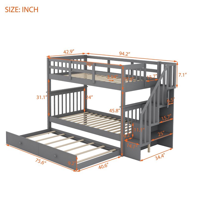 Twin-Over-Twin Bunk Bed with Twin Size Trundle and Storage Staircase 4W - ModernLuxe, 3 of 11