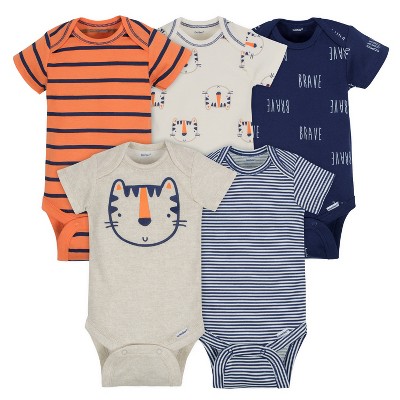 Image of Gerber Baby Boys' 5-Pack Short-Sleeve Bodysuits, Tiger, Newborn