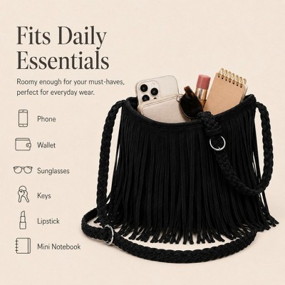 Alilang Women's Fringe Crossbody Bag Black Suede Look Boho Shoulder Purse with Braided Strap - Black — фото 5