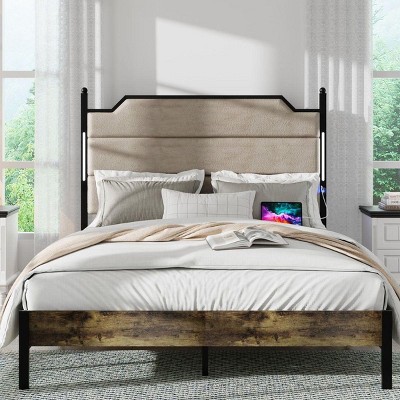 Streamdale Queen Bed Frame with Upholstered Headboard, Charging Station & LED Lights