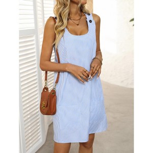 Women's Casual Striped Button Pocket Dress With Round Neck - 1 of 4