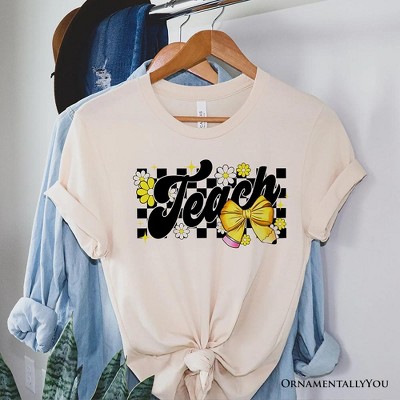 Teach Checkered Coquette Bow T-Shirt, White and Natural Retro Tee for Trendy Teachers| OrnamentallyYou