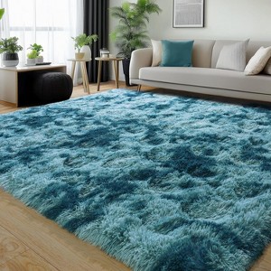 Extra Large Plush Shag Area Rug, 1.7" Thick Ultra Soft Non-Slip Tie-Dye Peacock Blue Mat - 1 of 4