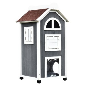 SKYONE 43"H Weatherproof 3-Floor Feral Cat Shelter: Fir Wood Outdoor/Indoor House with Hammock, - 1 of 4
