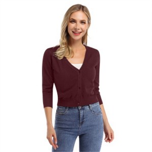Clearlove Women's Cropped Bolero Cardigan – 3/4 Sleeve V-Neck Basic Classic Casual Button Down Knit Soft Sweater Top - 1 of 4