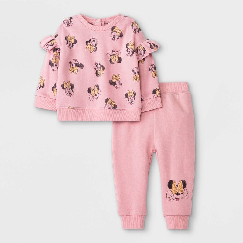 Baby Girls' 2pc Minnie Mouse Long Sleeve Fleece Top and Bottom Set - Pink, 1 of 8