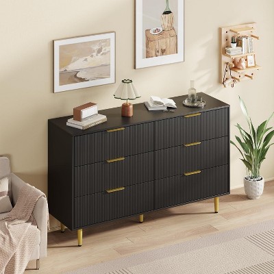 Fluted Dresser for Bedroom with 3 Drawers, Wooden Chest of Drawers with Metal Handle & Feet, Black Dresser for Living Room, Hallway, Bedroom