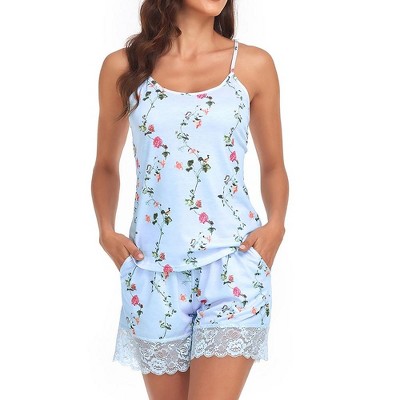 Womens Lace Pajama Sets Back Hollow Cami Tops with Lace Patch Shorts Cute Summer Pajama