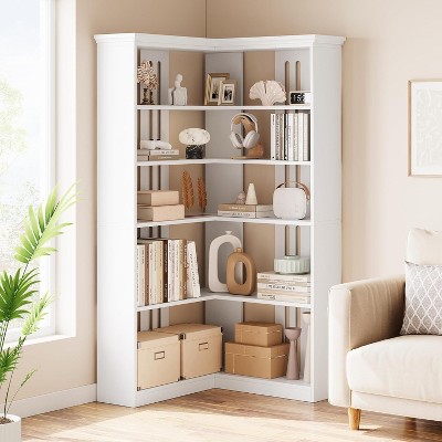 Homhougo 72" L-Shaped Corner Bookshelf, 5-Tier Wood Bookcase with Anti-Tip Design for Living Room, Office, Easy Assembly Rustic Storage Shelf