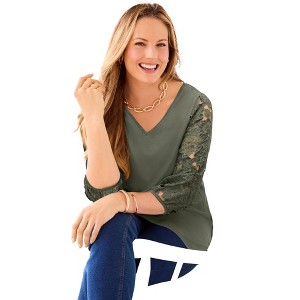 Catherines Eyelet Sleeve V-Neck Top - 1 of 4