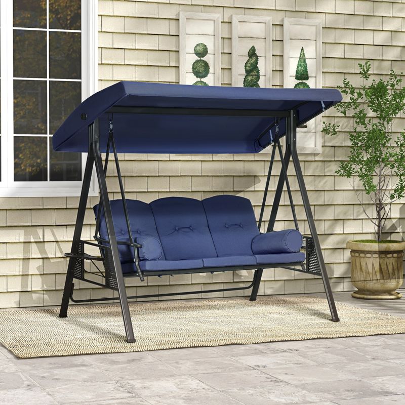 Outsunny 3-Seat Outdoor Patio Swing with Adjustable Tilt Canopy, Cushions, Pillow, Steel Frame, Side Tray, Cup Holder, 3 of 7