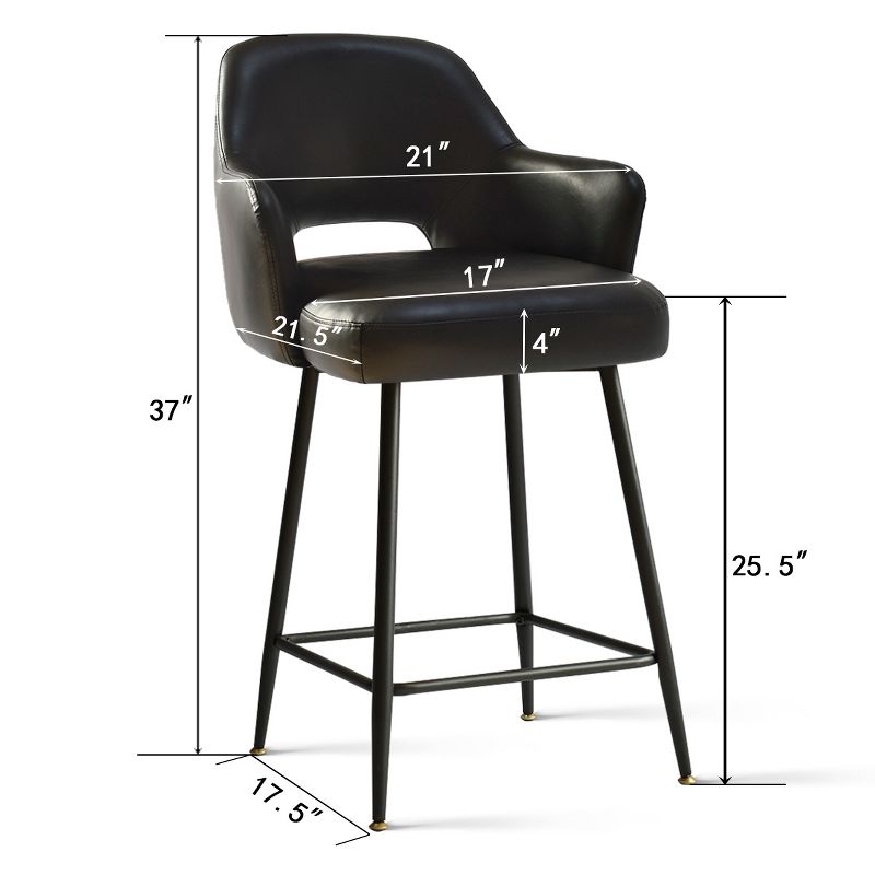 Set of 2 Edwin 25.5" Contemporary Armrest Upholstered Faux Leather With Matte Black Metal Legs Counter Height Barstools-Maison Boucle, 4 of 10