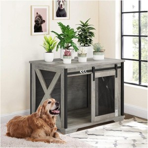 37 Inch Dog Crate Furniture, Indoor Dog Cage with Sliding Barn Door, Flip Top Dog Kennel End Table with Removable Divider, Farmhouse Wooden Pet House - 1 of 4