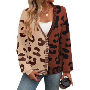 Coolmee Women's Color Block Leopard Print Button Down Long Sleeve Cardigan Sweaters - 1 of 4