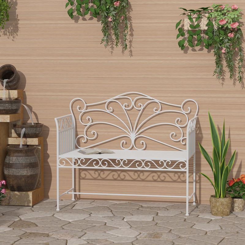 Outsunny 44.75" Antique-Style Outdoor Patio Garden Bench, Metal Loveseat with Ivy Pattern on the Backrest, Cream White, 3 of 7