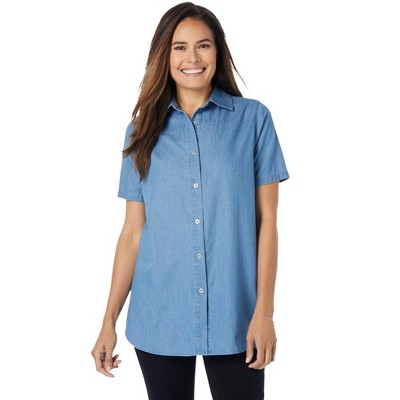 Woman Within Plus Size Short-Sleeve Denim Shirt