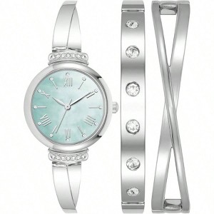 Women's Crystal Bangle Watch Set, Silver-tone "X" shaped bangle with adjustable end links; jewelry clasp and extender - 1 of 4