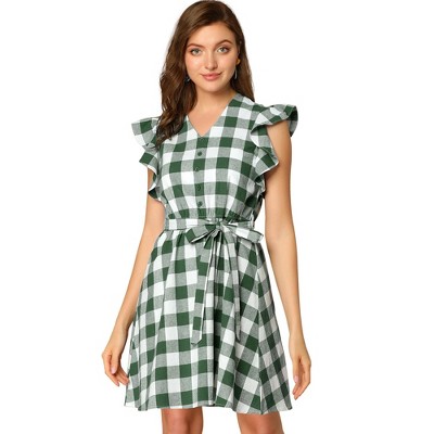 Allegra K Women's Casual Ruffled Sleeve A-Line Vintage Gingham Check Dress