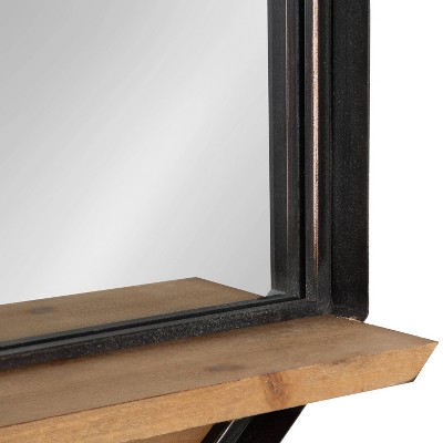 Octagon Black Metal Wall Mirror with Wood Shelf