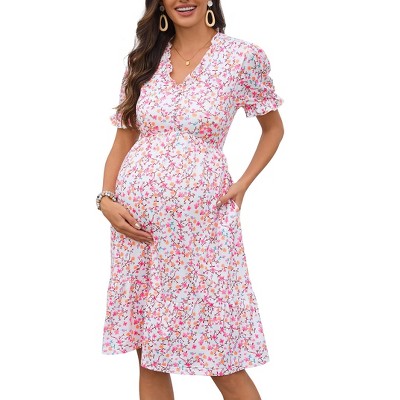 Women's Maternity Dress V Neck Puff Sleeve Ruffle Button Down Casual Mini Floral Tiered Maternity Dress