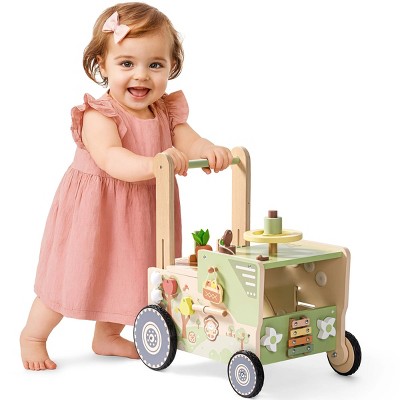 ROBOTIME Baby Walkers Wooden Adjustable Baby Walker with Wheels, Activity Walker for Boys Girls, Toddler Push Toy, 15.4"*10.6"*19.3"