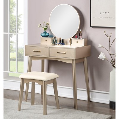 Roundhill Furniture Liannon Contemporary Wood Vanity and Stool Set, Gold