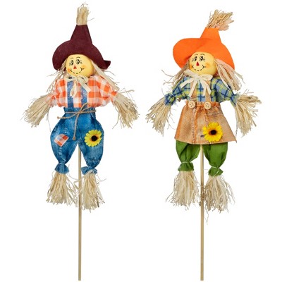 18" Boy and Girl Fall Harvest Scarecrow Picks in Orange and Blue