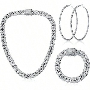 Silver 20 - Inch Link Chain Necklace Bracelet with Rhinestone Earrings and Big Crystal Circle Earrings for Women. - 1 of 4