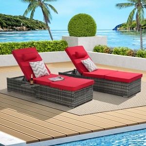 VisioGear Patio 2-Piece Chairs Tanning Lounges with Storage, Beach Recliners with Adjustable Backrest, Red, 77"*25"*14.8" - 1 of 4