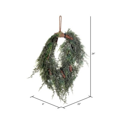 24" Green Artificial Cedar Wreath with Pinecones and Snow