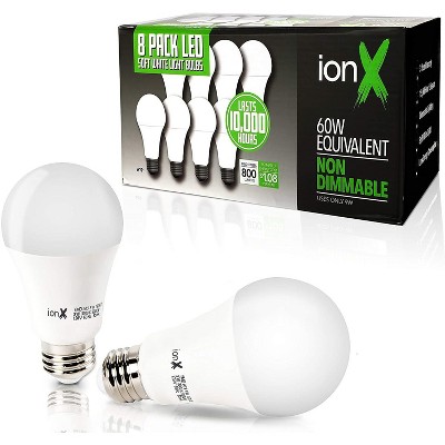 ionX 8-Pack A19 Non-dimmable LED Light Bulbs, E26 Edison Base, 60 Watt Equivalent, 3000K Soft White