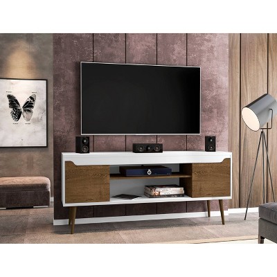 Bradley 63'' Glossy White and Rustic Brown Wood TV Stand with Cabinet