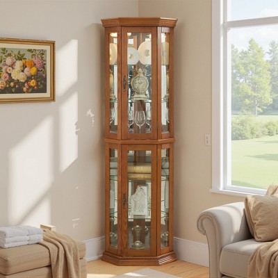 Wooakway 70"H Oak Lighted Corner Cabinet with Adjustable Tempered Glass Shelves Display Case and Bar Storage