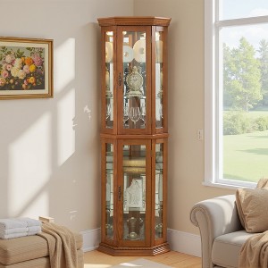 Wooakway 70"H Oak Lighted Corner Cabinet with Adjustable Tempered Glass Shelves Display Case and Bar Storage - 1 of 4
