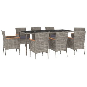 vidaXL 9 Piece Gray Poly Rattan Patio Dining Set with Cushions - Modern Outdoor Furniture with Steel Frame and Tempered Glass Tabletop - 1 of 4