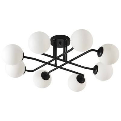 PAKOKULA Modern 27.2 in. 8-LIght Black Sputnik Semi-Flush Mount Ceiling Light Fixture with Globe Frosted Glass Shade