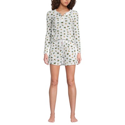 Lands' End Women's Brushed Cozy Waffle 2 Piece Pajama Set - Long Sleeve Top and Shorts
