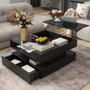 NicBex Modern Glass Coffee Table with Storage Drawers,Side Table with Lift Top,Functional End Table with LED Lights,Center Table for Living Room - 1 of 4