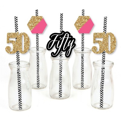 Big Dot of Happiness Chic 50th Birthday - Pink, Black and Gold Paper Straw Decor - Birthday Party Striped Decorative Straws - Set of 24