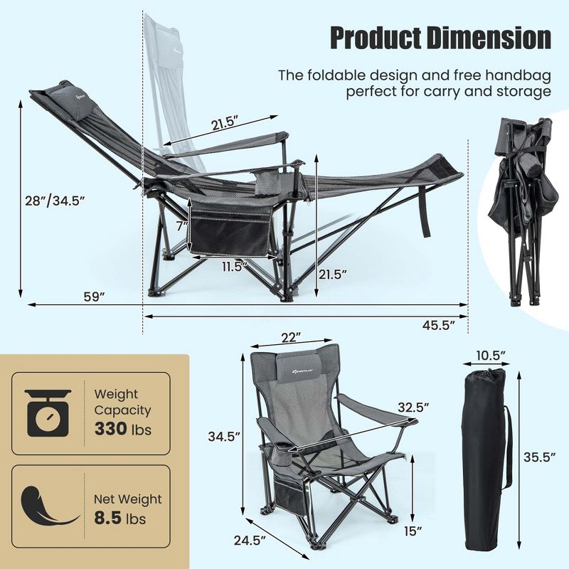 Costway Folding Camping Chair with Detachable Footrest for Fishing, Camp, Picnics Khaki/Grey, 3 of 11